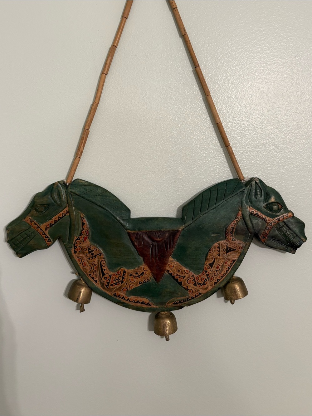 Vintage Indian Carved Wood Two Headed Horse Door Hanger Brass Chime Bells Art